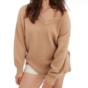 Aerie womens Wonder v-neck ribbed tan sweatshirt Size XL